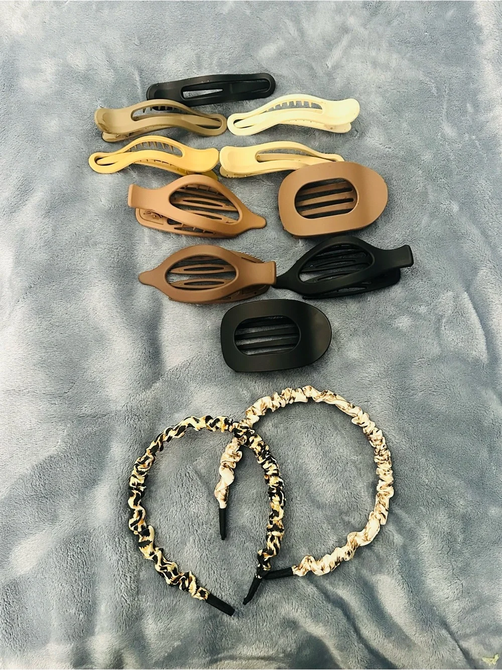 12 pc Mixed Neutral Hair Clips and Fabric Headbands - Black, Tan, Cream